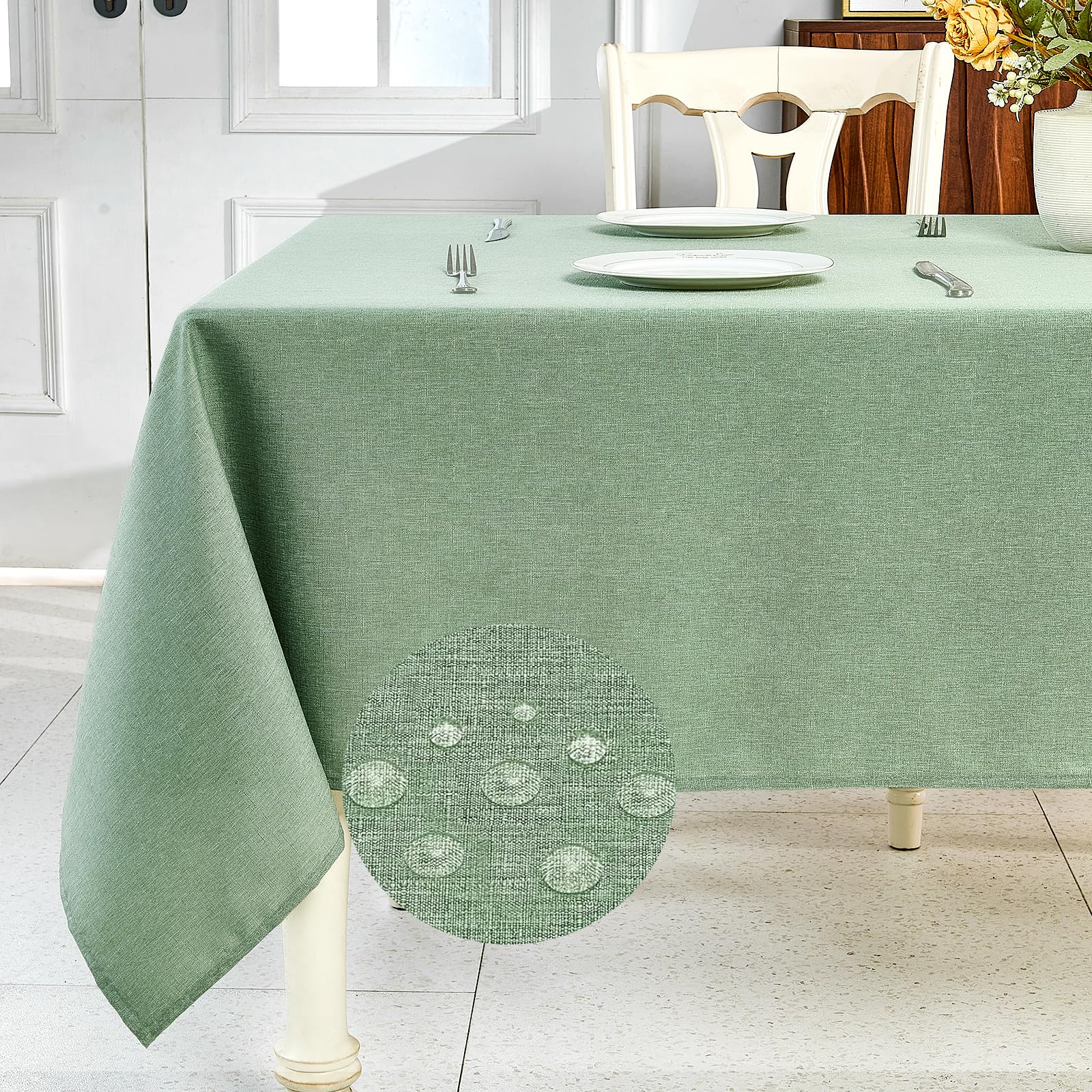 Photo 1 of IVAPUPU Textured Linen Table Cloth for Rectangle Table - Sage Green Tablecloths Rectangular Waterproof Wrinkle Free Wipeable Dining Cover for Spring Wedding Birthday Kitchen Decor, 60 x 120 Inch