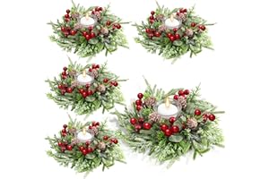 Lyrow 4 Pcs Christmas Candle Rings Wreath Xmas Kitchen Cabinet Mini Wreath Artificial Berries Snowy Pine Candle Ring Holder for Christmas Chandelier Home Table Centerpiece Indoor Decor