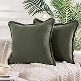 NEXHOME PRO Boho Throw Pillow Covers for Couch Set of 2 18"x18", Handmade Decorative Linen Pillow Covers Shams for Sofa, Living Room, Farmhouse Fringed Cushion Covers, Olive Green (NO Insert)