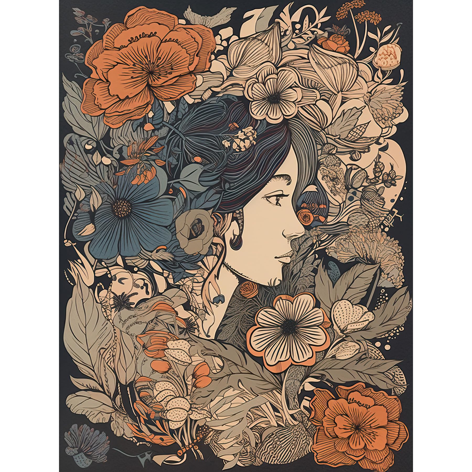 Artery8 Woman Floral Profile Portrait Boho Art Nouveau Large Wall Art Poster Print Thick Paper 18X24 Inch