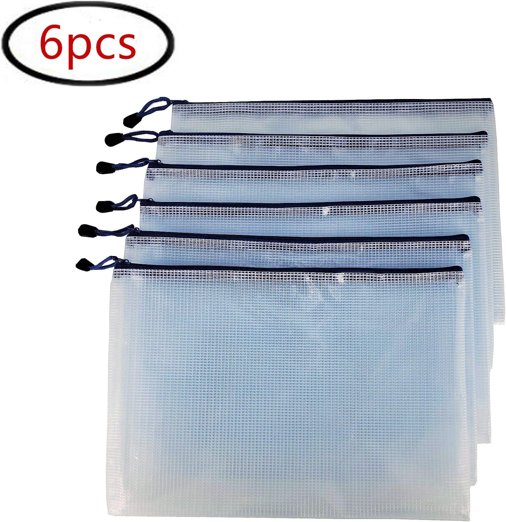 Plastic Mesh Zip Document Waterproof Zipper File Bags Storage Pouch with A4 Size Paper, 6 PCS