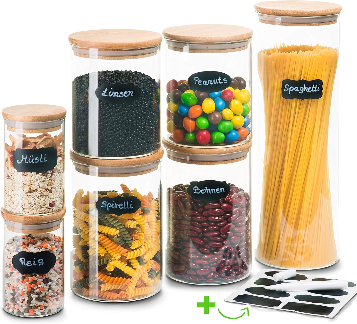 Greeano® Vorratsgläser mit Deckel 7 teilig | Füllmenge 5.9L | Spülmaschinenfest | Mottensicher | Borosilikatglas