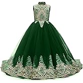 Gold Lace Flower Girls Pageant Dresses Long Puffy Prom Tulle Ball Gown