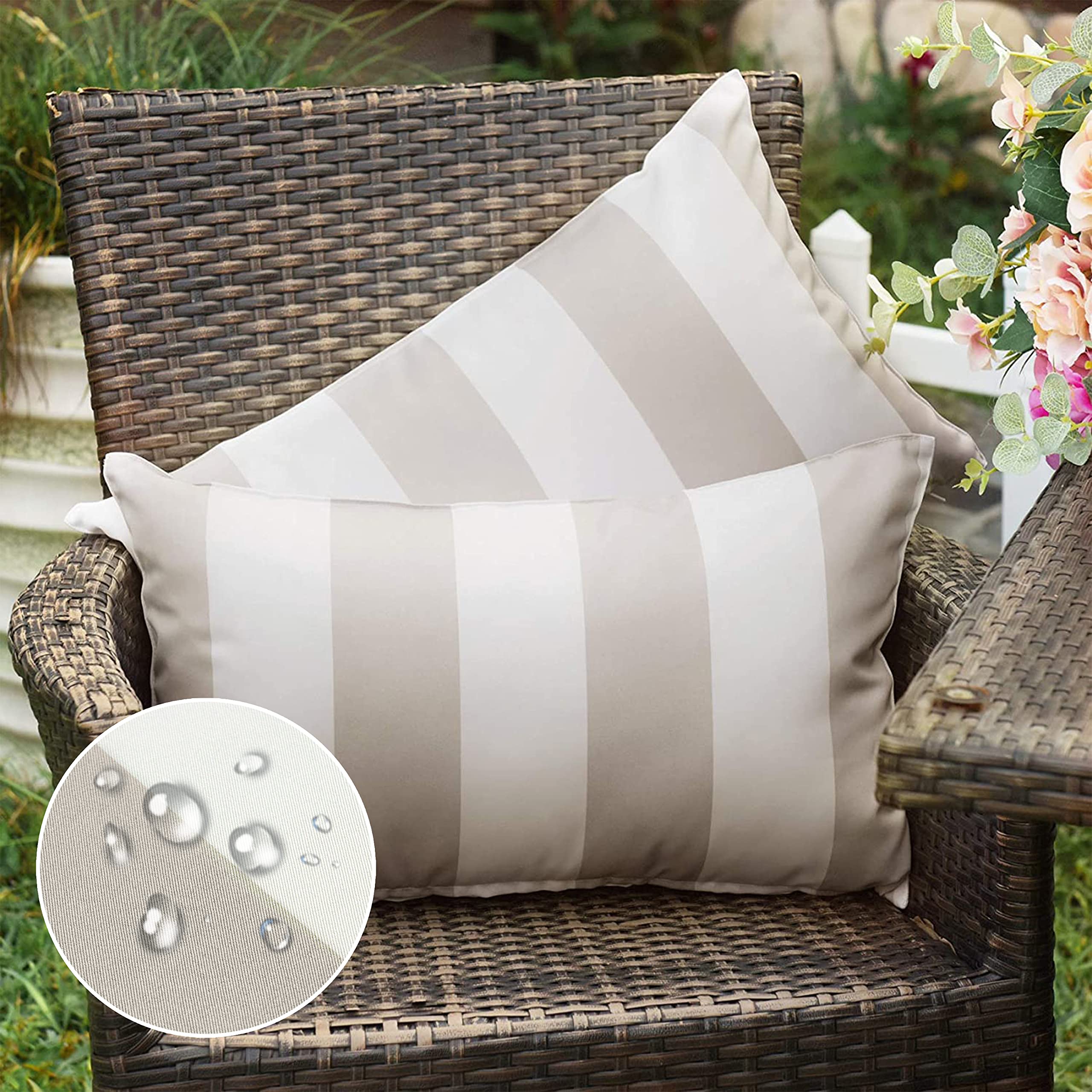 Photo 1 of Western Home Pack of 2 Outdoor Waterproof Striped Throw Pillow Covers Beige Grey Decorative Pillowcases Garden Modern Cushion Cases for Patio Tent Balcony Couch Sofa 12x20 Inch