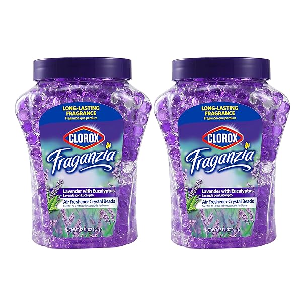 CLOROX FRAGANZIA CRYSTAL BEADS AIR FRESHENER TWIN PACK, LONG LASTING ROOM DEODORIZER AND ODOR ELIMINATOR GEL BEADS FOR HOME, CAR, OR OFFICE, LAVENDER WITH EUCALYPTUS SCENT, 24 FL OZ