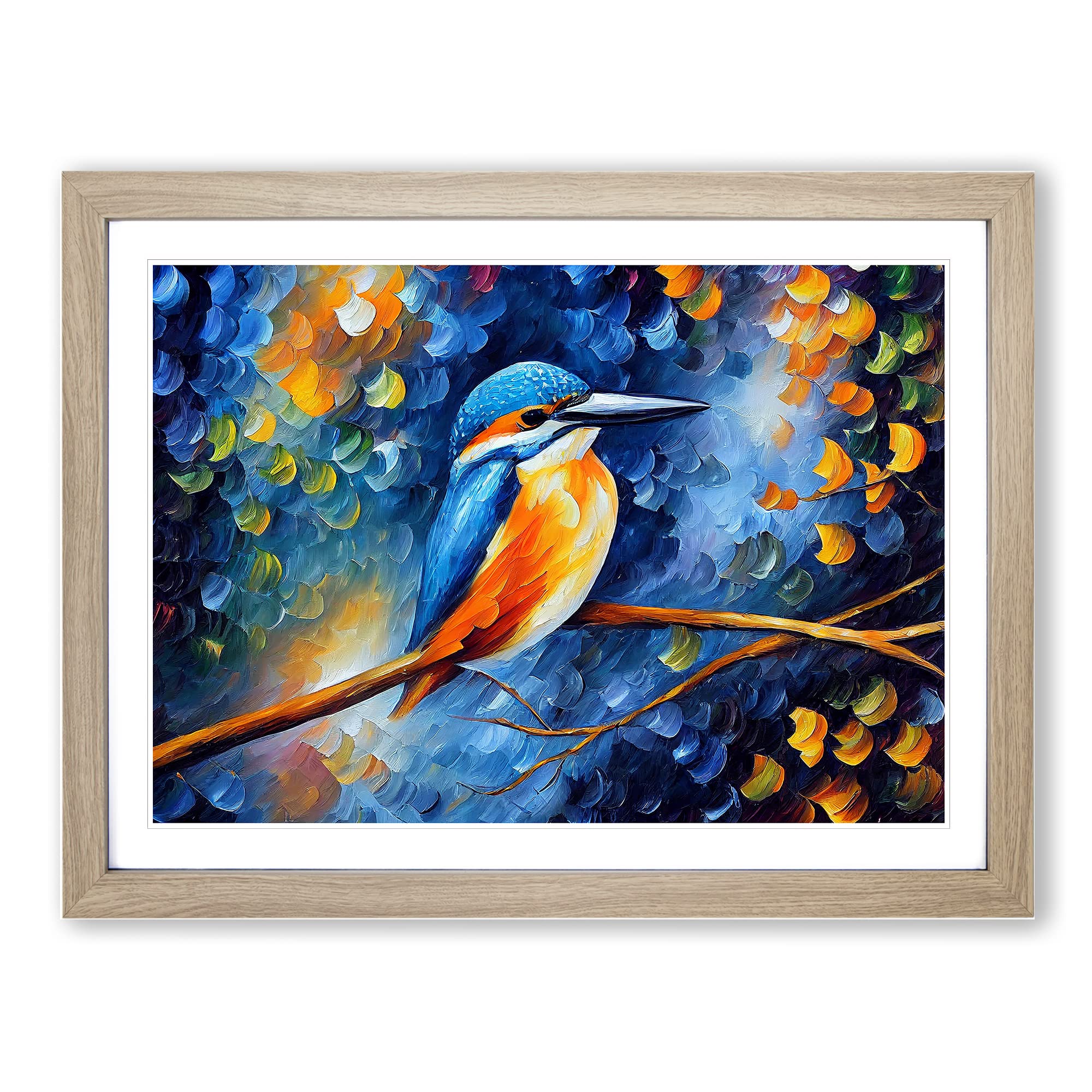Kingfisher Bird Painting Vol.3 Abstract Framed Print | A4 Oak Framed Wall Art | Ready to Hang | Abstract Historical Picture | Living Room Bedroom Lounge Office