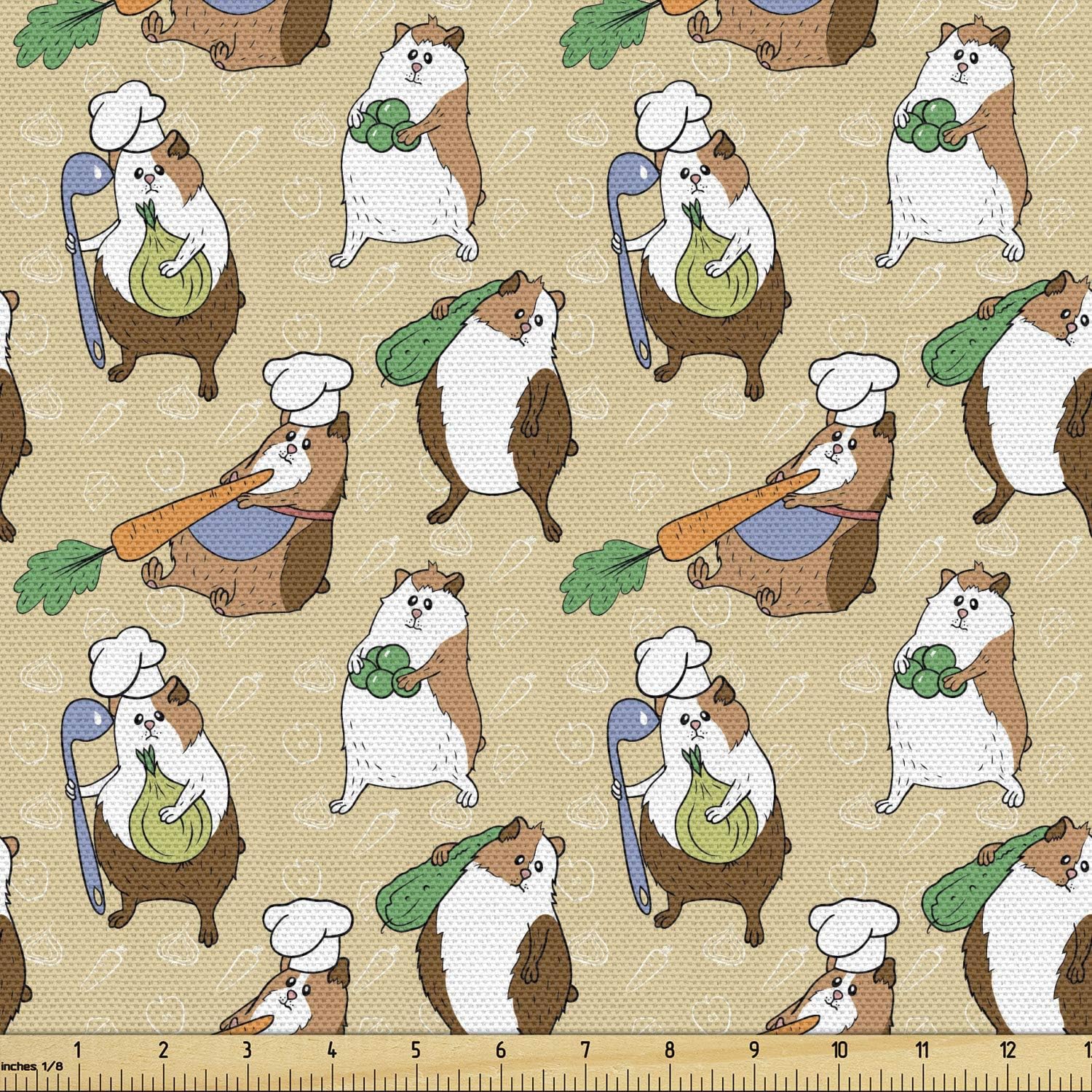 Lunarable Guinea Pig Fabric by The Yard, Chef Teddy Pigs Carrying Carrot Onion Ladle and Green Beans on Doodled Backdrop, Decorative Fabric for Upholstery and Home Accents, 3 Yards, Brown Camel