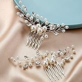 Ysleen 2 Pcs Wedding Pearl Hair Comb Bride Pearl Crystal Headpiece Flower Side Combs Hair Clip Bridal Hair Accessories for Girls Wedding Brides Bridesmaid Rhinestone, Silver