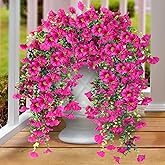 Sggvecsy Artificial Fake Hanging Flowers Plants for Outdoor Outside Spring Summer Decoration 2PCS Faux Silk UV Resistant Realistic Morning Glory with Eucalyptus for Home Porch Patio Balcony(Magenta)