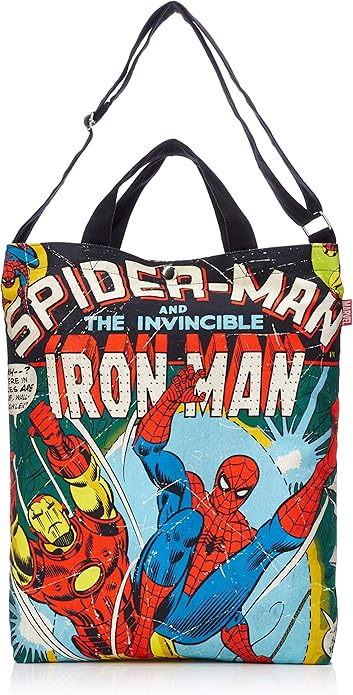 Amazon マーベル トートバッグ メンズ レディース ショルダーバッグ 斜めがけ 2way 綿キャンバス 大容量 軽量 ブランド アイアンマン スパイダーマン ブラック アイアンマン スパイ トートバッグ