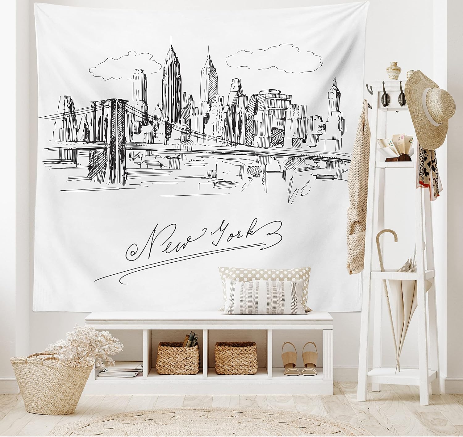 Tapestries - Lunarable NYC Tapestry, New York City Contemporary Business Metropolis Corporate Town Monochromic Sketch, Fabric Wall Hanging Decor for Bedroom Living Room Dorm, 45