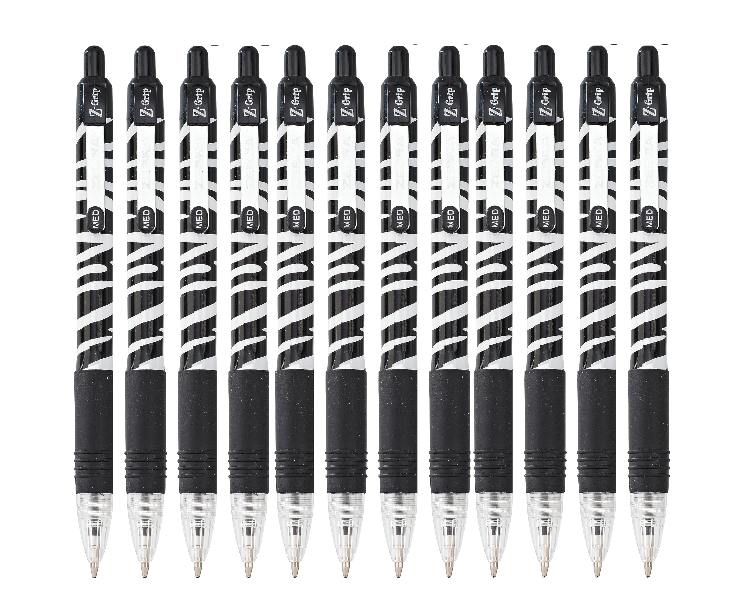 Zebra Pen Z Grip Black Pens Ballpoint, Smooth & Funky Pens With Pocket Clip, Retractable Black Ink Ballpoint, Reliable Black Biro Multipack For Everyday Use - Zebra Design, 12pk