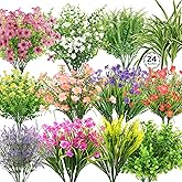 24 Bundles Outdoor Artificial Flowers Plants, Artificial Stems Plants Boxwood UV Resistant Faux Greenery Fake Shrubs Ferns for Indoor Outside Planter Hanging Front Porch Patio Garden Window Box Decor