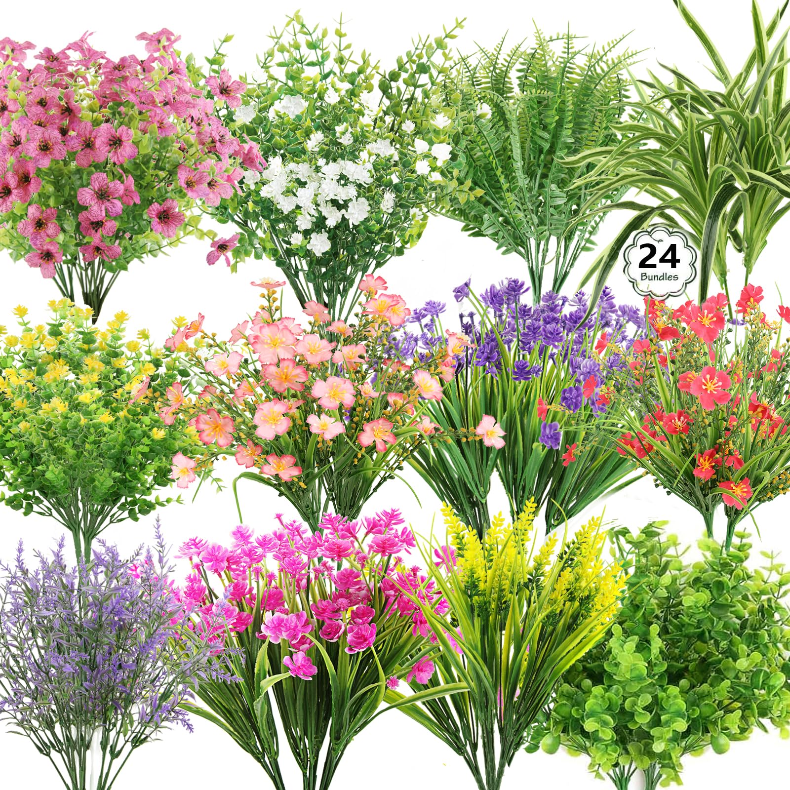 Photo 1 of 24 Bundles Outdoor Artificial Flowers Plants, Artificial Stems Plants Boxwood UV Resistant Faux Greenery Fake Shrubs Ferns for Indoor Outside Planter Hanging Front Porch Patio Garden Window Box Decor