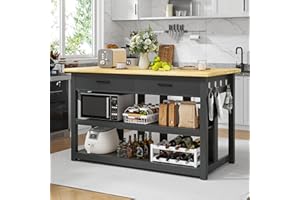 DynJest 47.3" Solid Rubberwood Kitchen Island with Power Outlets - Extra Large Work Surface, 2 Drawers & Open Shelves Storage Cabinet for Kitchen Dining Room, Farmhouse Style (Black)