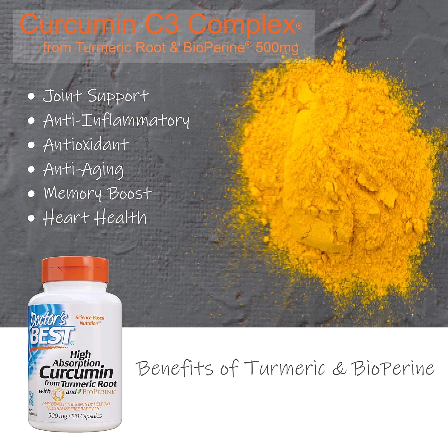 Doctor's Best DRB-00107 High Absorption Curcumin From Turmeric Root with C3 Complex & BioPerine 500mg (120 Capsules): Health & Personal Care