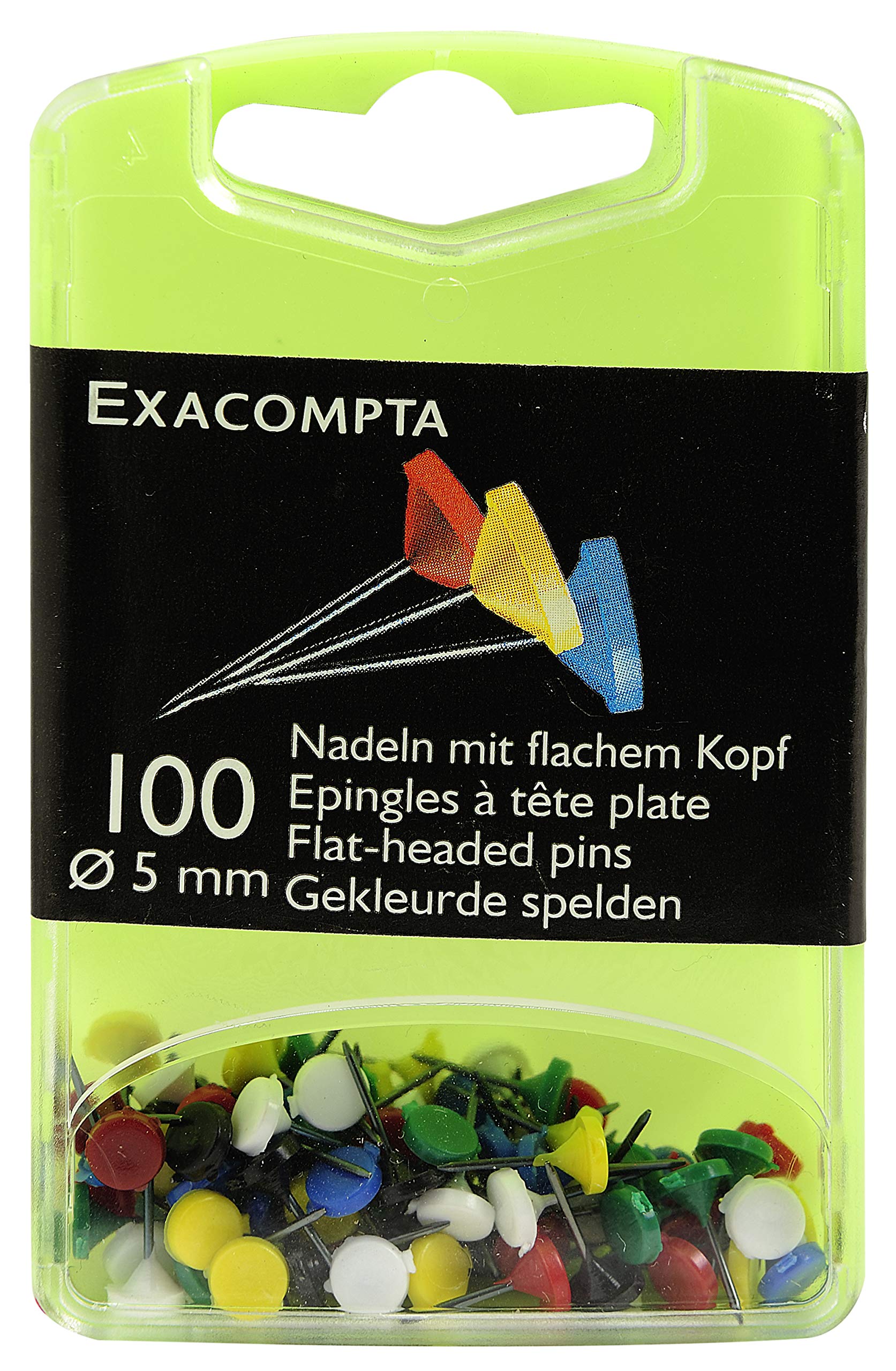 Exacompta - Ref 14572E - Flat-Headed Pins (Pack of 100) - 8mm Width x 5mm Height in Size - Suitable for Pinboards or Corkboards in Offices, Homes & Businesses - Assorted Colours