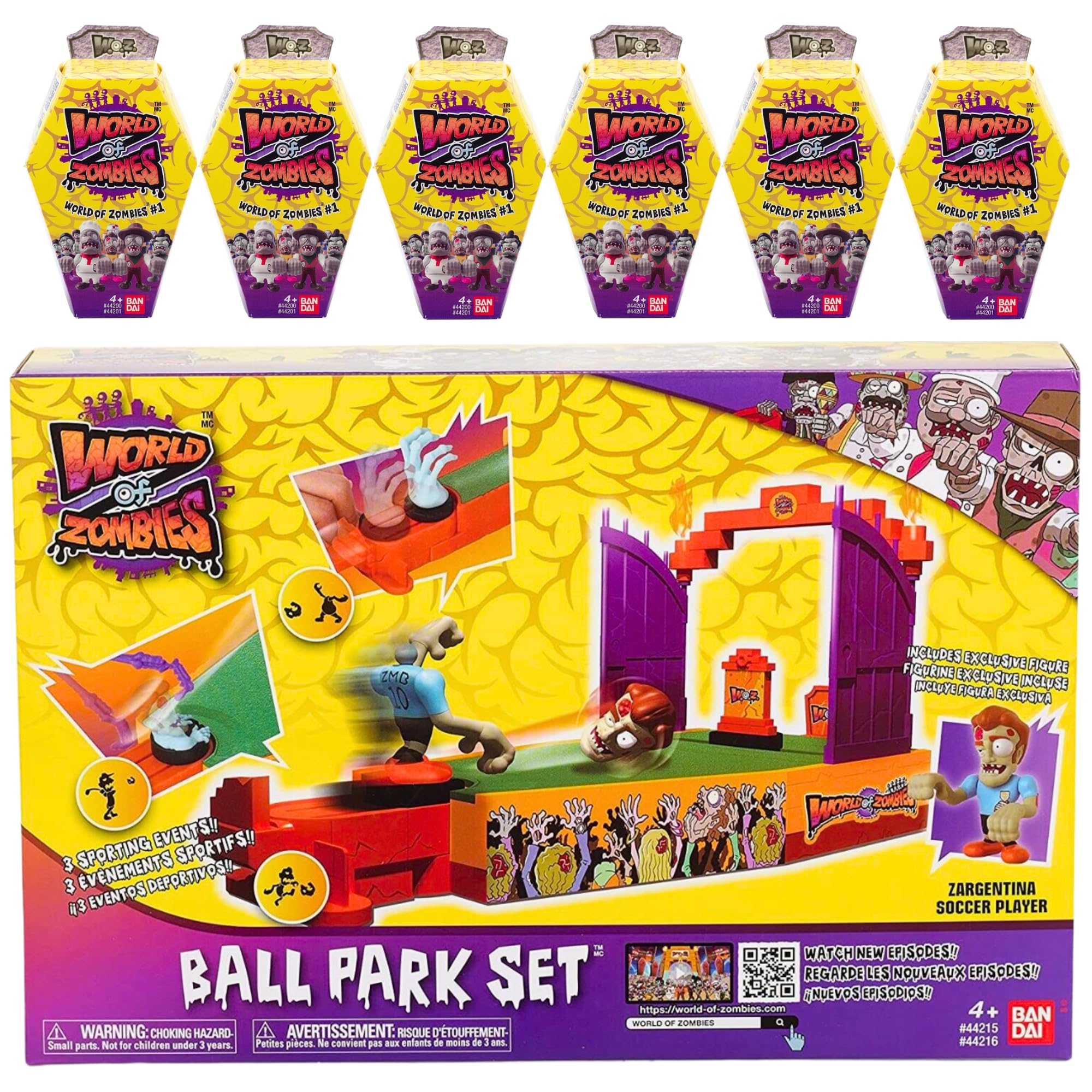 Toptoys2u Bargain Bundles World of Zombies - 3" 8cm Articulated Action Figures & Playsets - Ball Park Set & 6x WoZ Blind Boxes