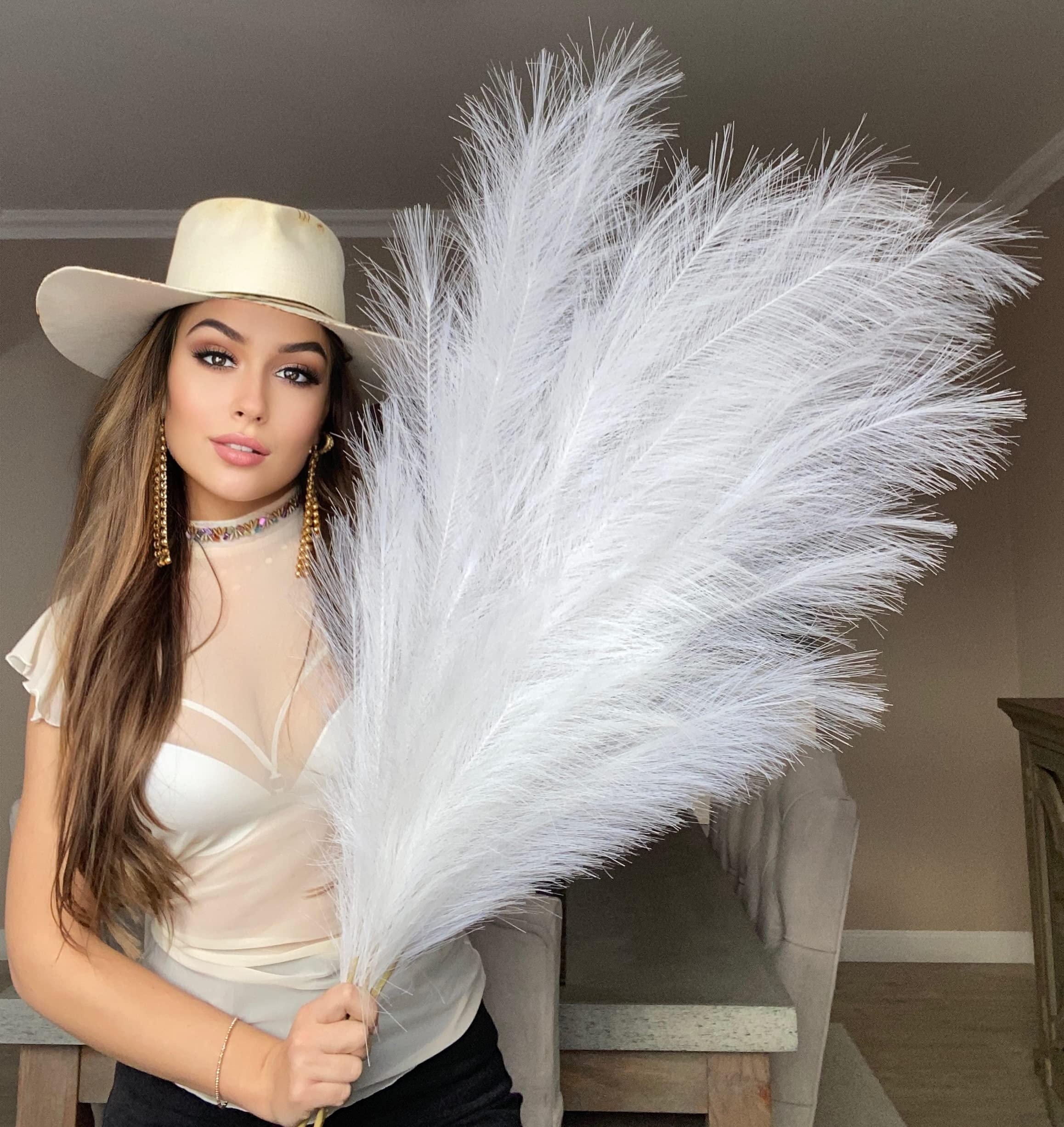 VOULUX Extra Large Tall White Fake Faux Artificial Pampas Grass Large Fluffy x3 115cm Stems x18 Decorative Artificial Flora Feathers For Floor Vases Tall White Plant Flowers Long Pampas Grass