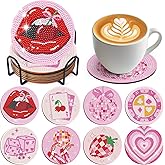 Sitsink Pink Vintage Diamond Art Coasters - 8 Pcs DIY Funny Drinks Casino Poker Lip Strawberry Diamond Painting Coasters Kits with Holder for Adults Beginners Gifts Crafts Supplies