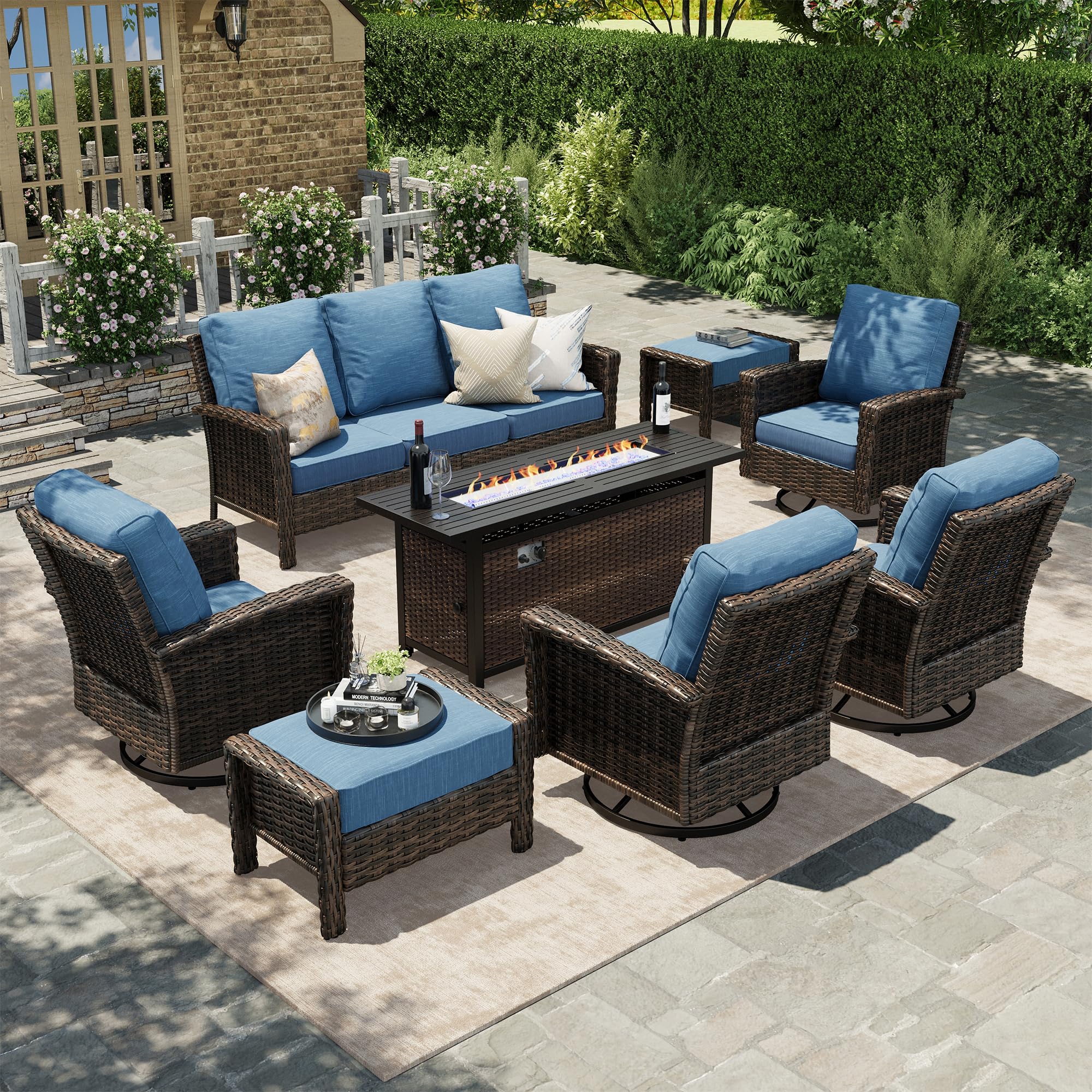 HERA'S HOUSE 8-Piece Patio Furniture Set with Fire Pit, Blue