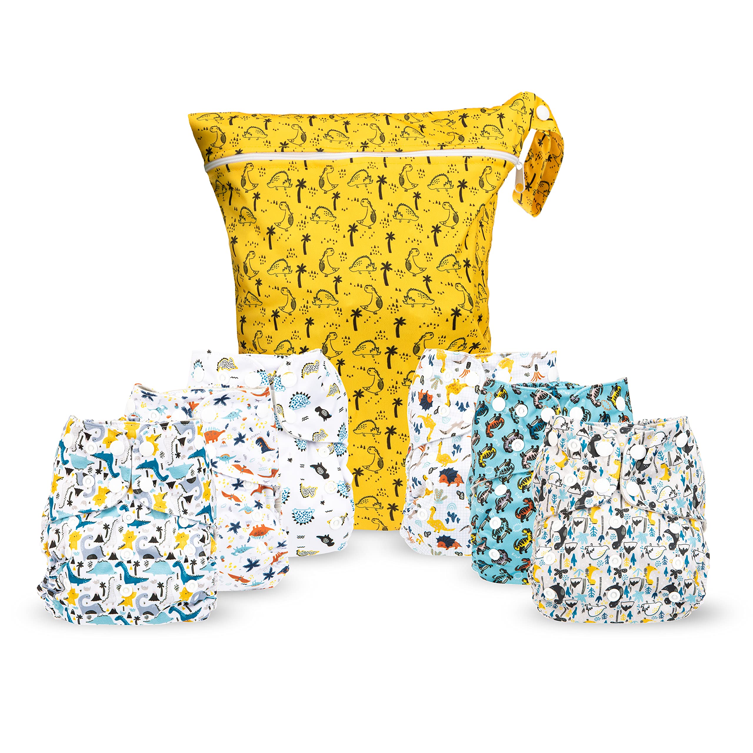 Photo 1 of Simple Being Reusable Cloth Diapers, Double Gusset, One Size Adjustable, Washable Soft Absorbent, Waterproof Cover, Eco-Friendly Unisex Baby Girl Boy, six 4-Layers Microfiber Inserts (Dinosaur)