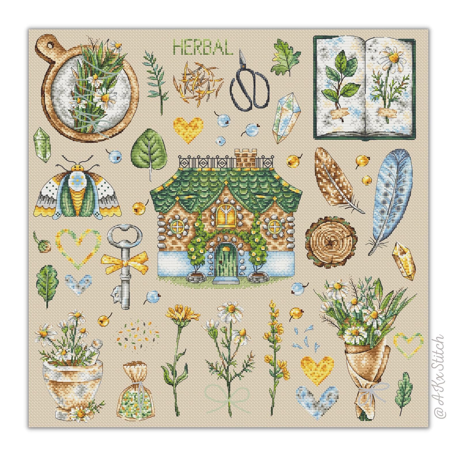Herbal Sampler Cross Stitch Kit with DMC Threads & Fabric, Cute Easy Primitive Embroidery Pattern for Keen Gardener, House Plants, Vintage Flower