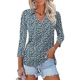 Bashafo Womens 3/4 Sleeve V Neck T Shirt Floral Collared Button Down Shirts for Women S-XXL