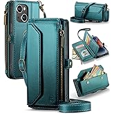 Strapurs Wallet Case Compatible with iPhone 13 RFID Blocking 7-Card Holder Soft PU Leather Magnetic Snap Shoulder Strap Zipper Pocket Phone Case Fit for iPhone 13 for Women 6.1" - Blue Green