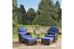 HILLGA Luxury Outdoor Swivel Rocker Patio Chairs of 2 with 6 Inch Thick Cushions and Side Table, Swivel Outdoor Chairs 5PCS High Back Wicker Patio Furniture Set for Porch, Balcony, Deck in Blue