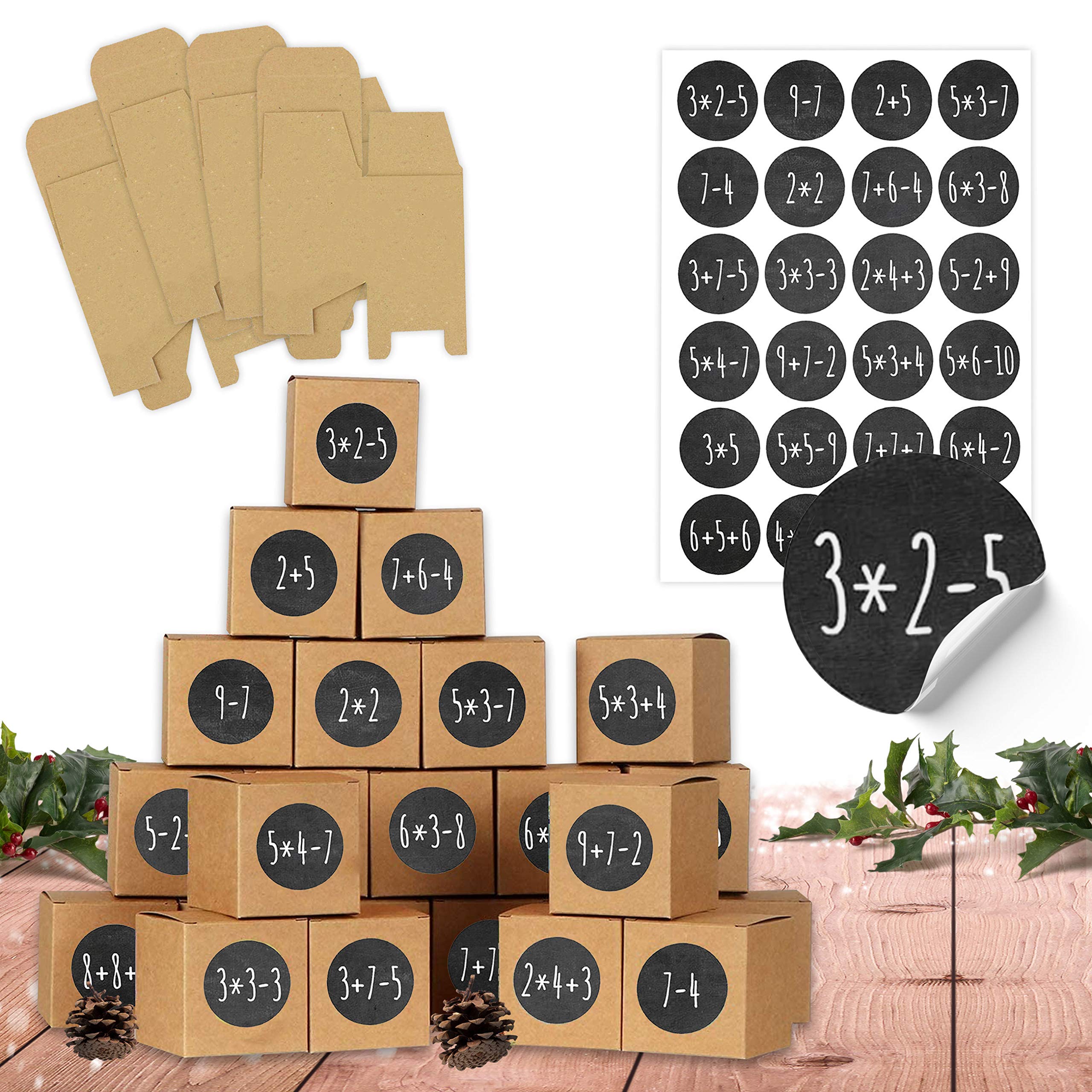 Papierdrachen Advent Calendar 2024 - Boxes for Filling - for Crafts - Math Tasks - Brown Boxes - 400 g/m² Cardboard for Standing and Decorating - Reusable Boxes - Christmas
