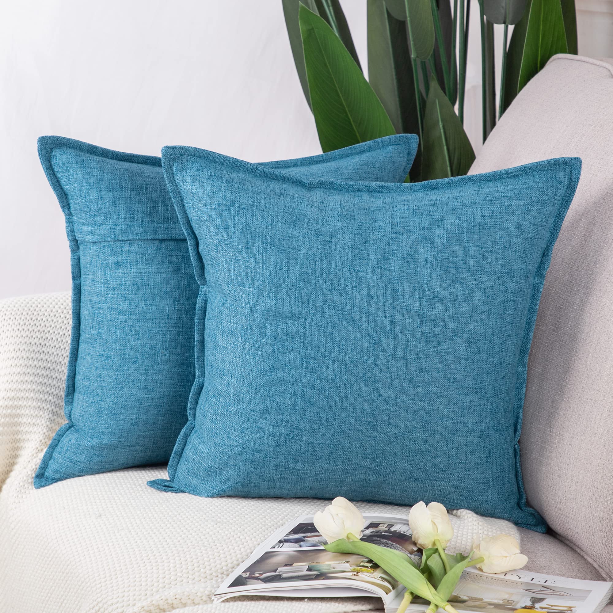 Photo 1 of  MADIZZ Set of 2 Linen Throw Pillow Covers 18x18 Inch Blue Soft Decorative Cushion Cover for Sofa Bedroom Pillow Shell