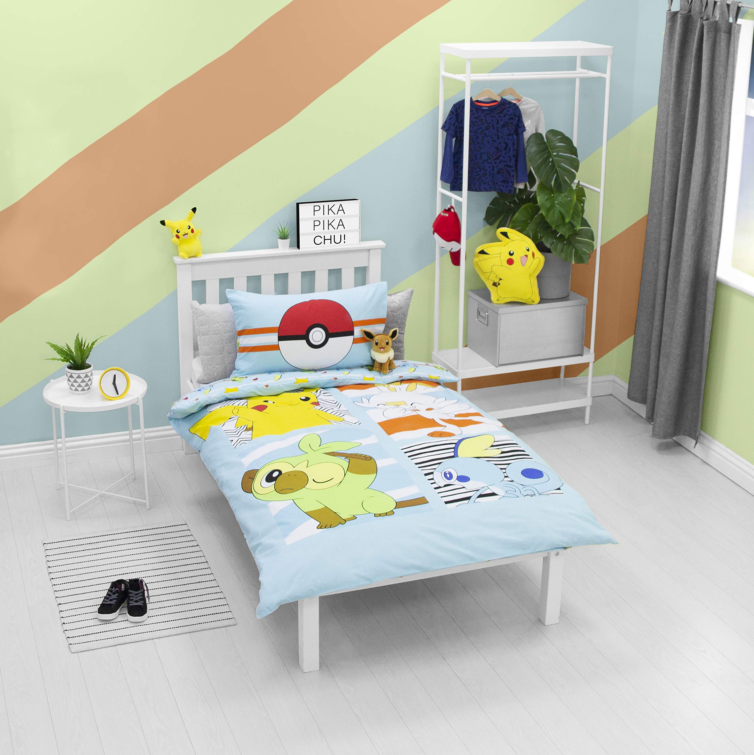 Pokemon Jump Single Duvet Cover | Featuring Pikachu, Grookey, Scorbunny, and Sobble Inc | Officially Licensed Blue Polycotton Reversible Two Sided Design,PKNJUMDS004UK1