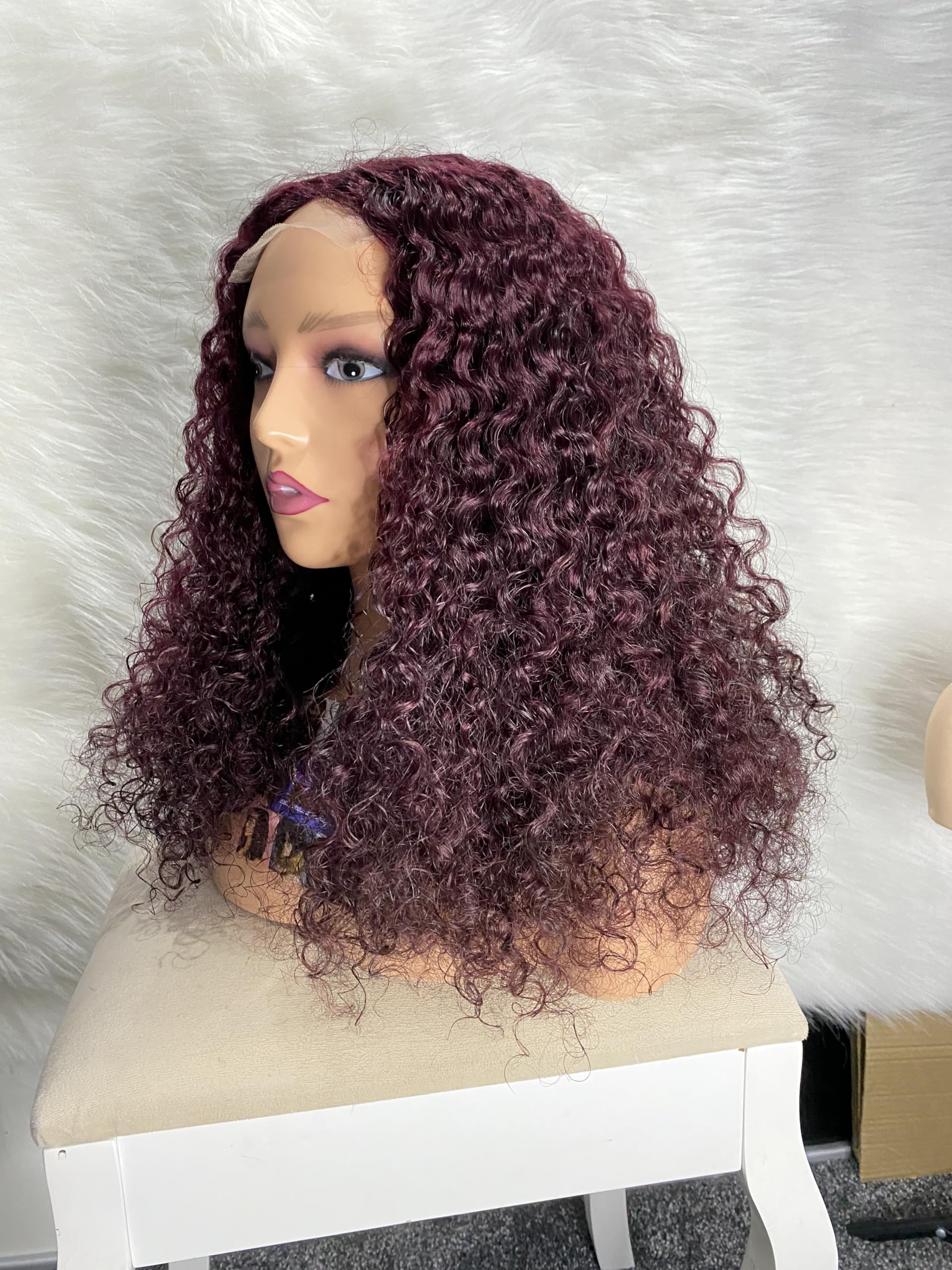 Human Hair Curly Wig, 20 inches, 4x4 Lace Closure, Water Curly, Piano Highlights (4&27), Burgundy (99j) (Burgundy (99j))