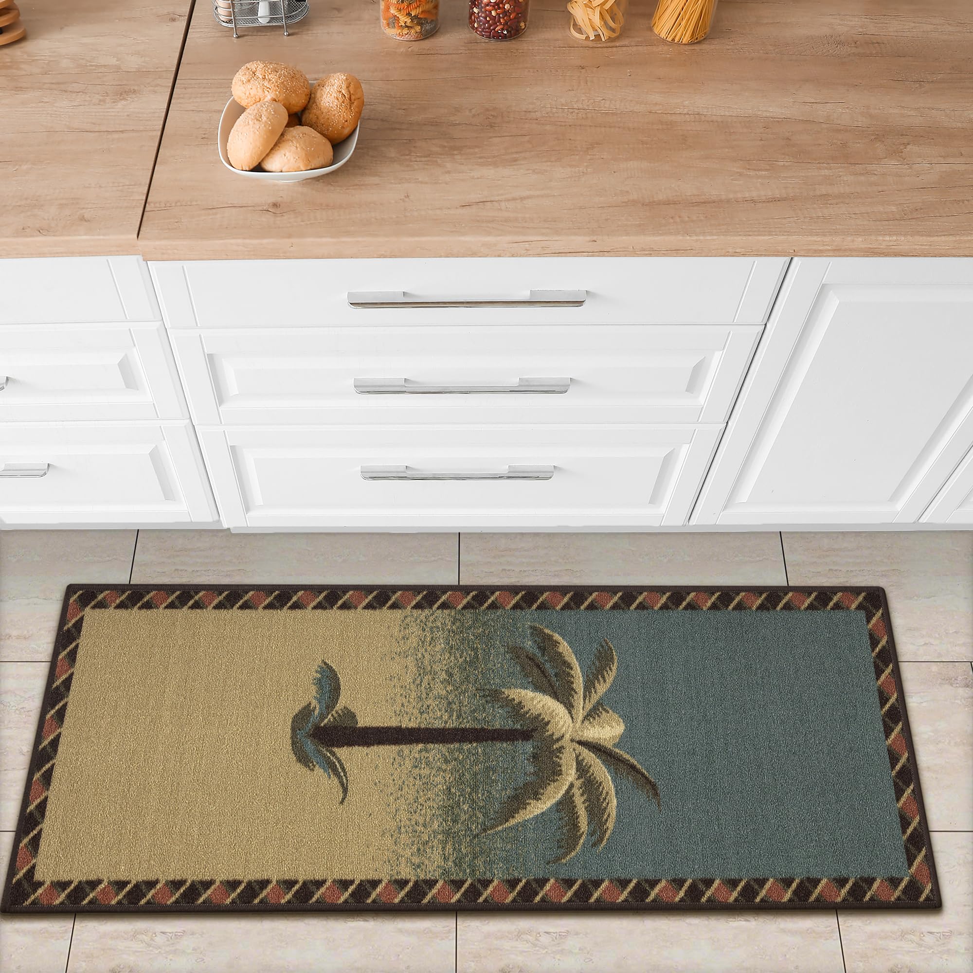 Ottomanson Sara's Kitchen Tropical Palm Tree Design Bathroom Mat Runner Rug with Rubber Backing, 50 cm x 150 cm, Beige/Teal