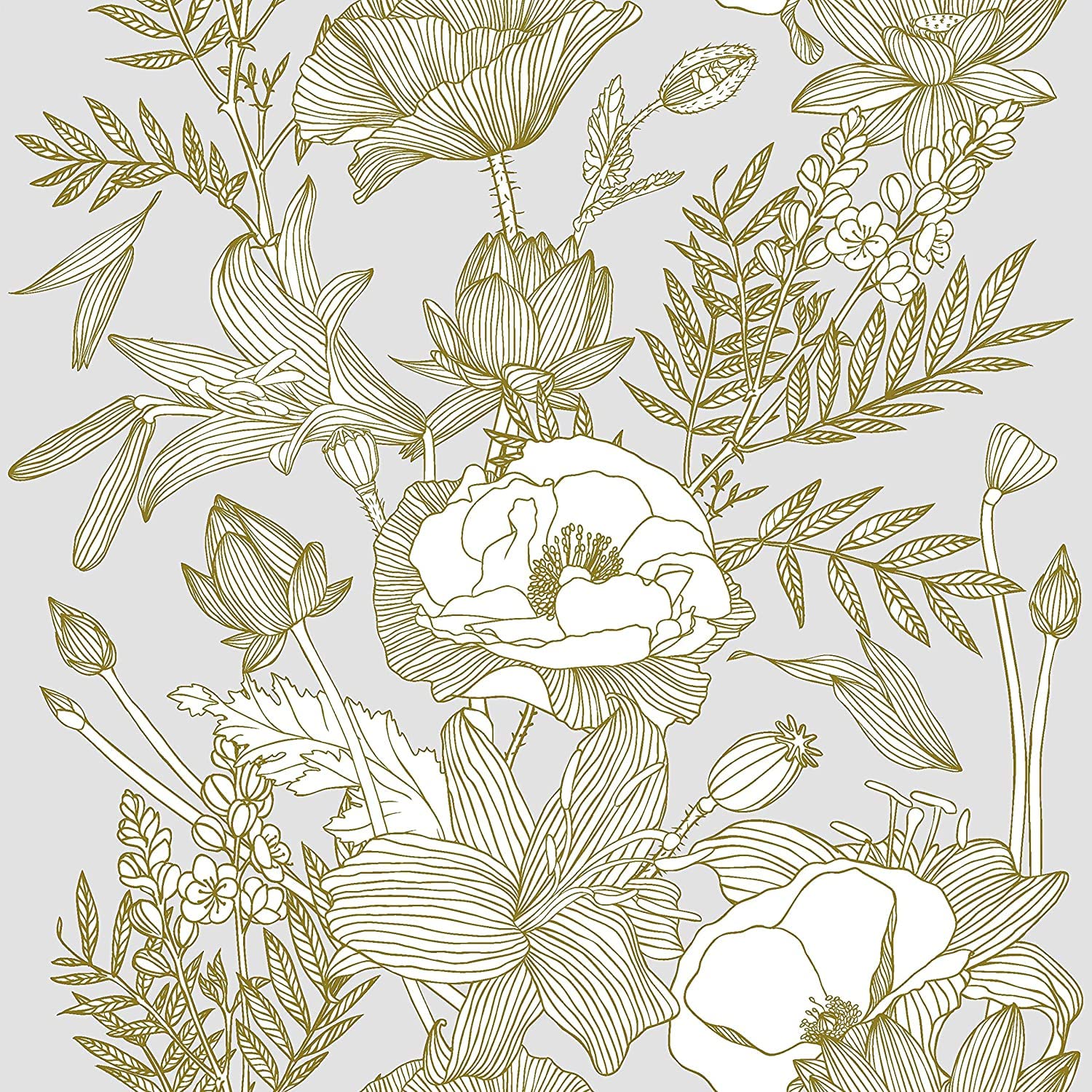 Photo 1 of Blooming Wall Lotus Lily Damasks Peel and Stick Wallpaper Wall Mural (17.7“x394”, Metallic Gold)