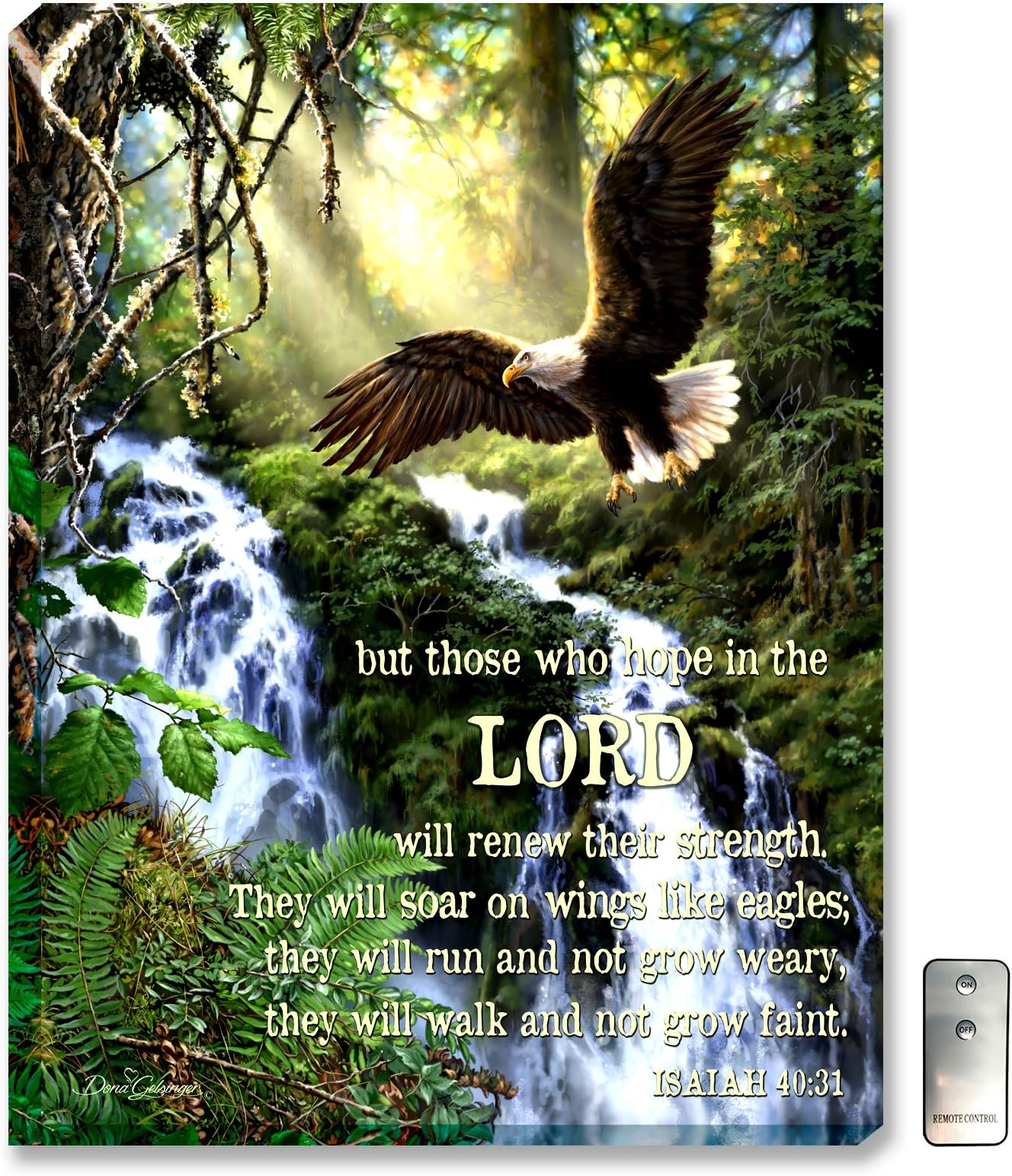 Glow Decor – 18” x 24” – Nature Scenes – LED Backlit Prints with Remote – All Batteries Included. (Eagle's Flight with Scripture)