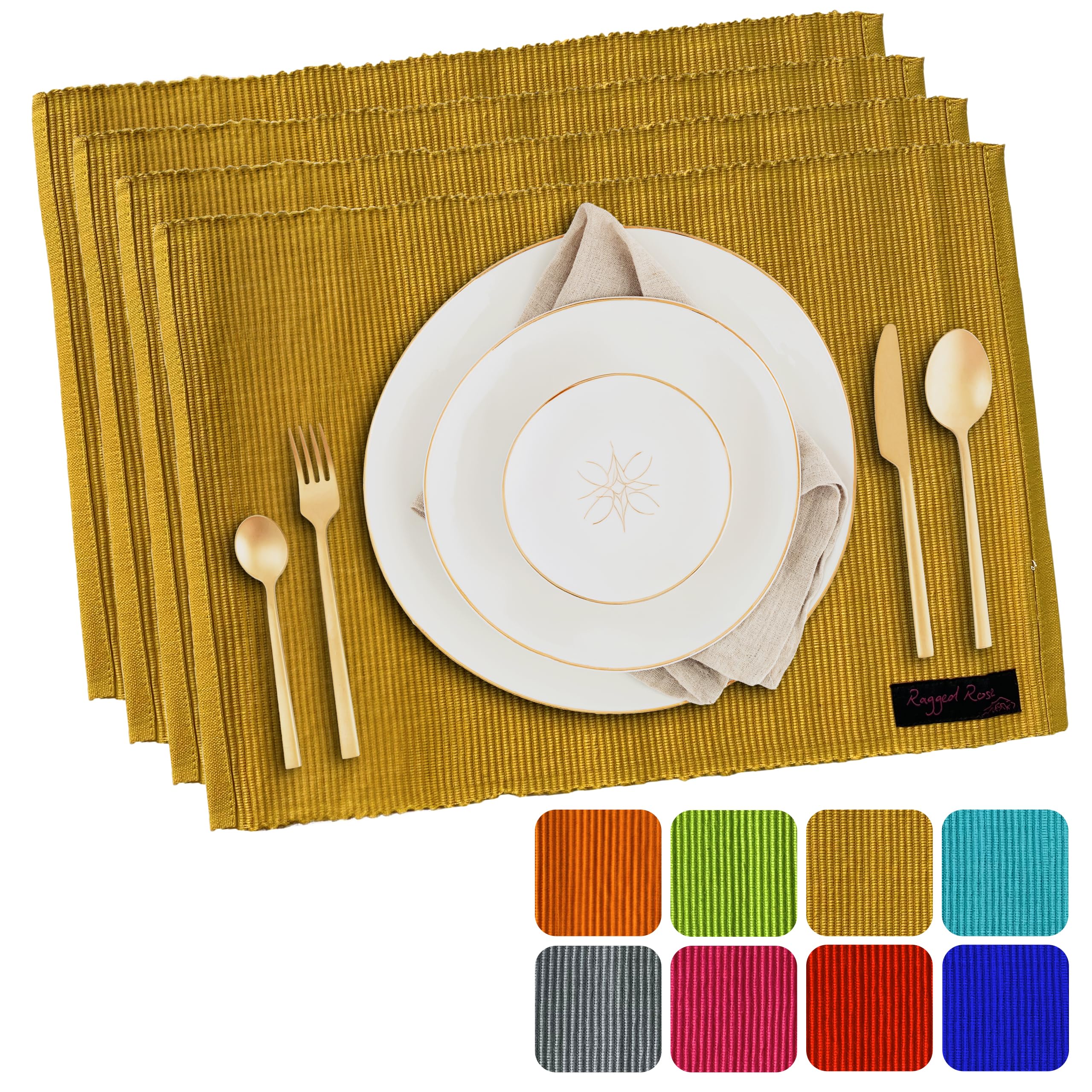 Ragged Rose Set of 4 Cotton Placemats - 27x37 cm Gift-Wrapped Table Place Mats - Ribbed Cotton Indoor & Outdoor Placemats for Living Room, Dining Table, & Kitchen