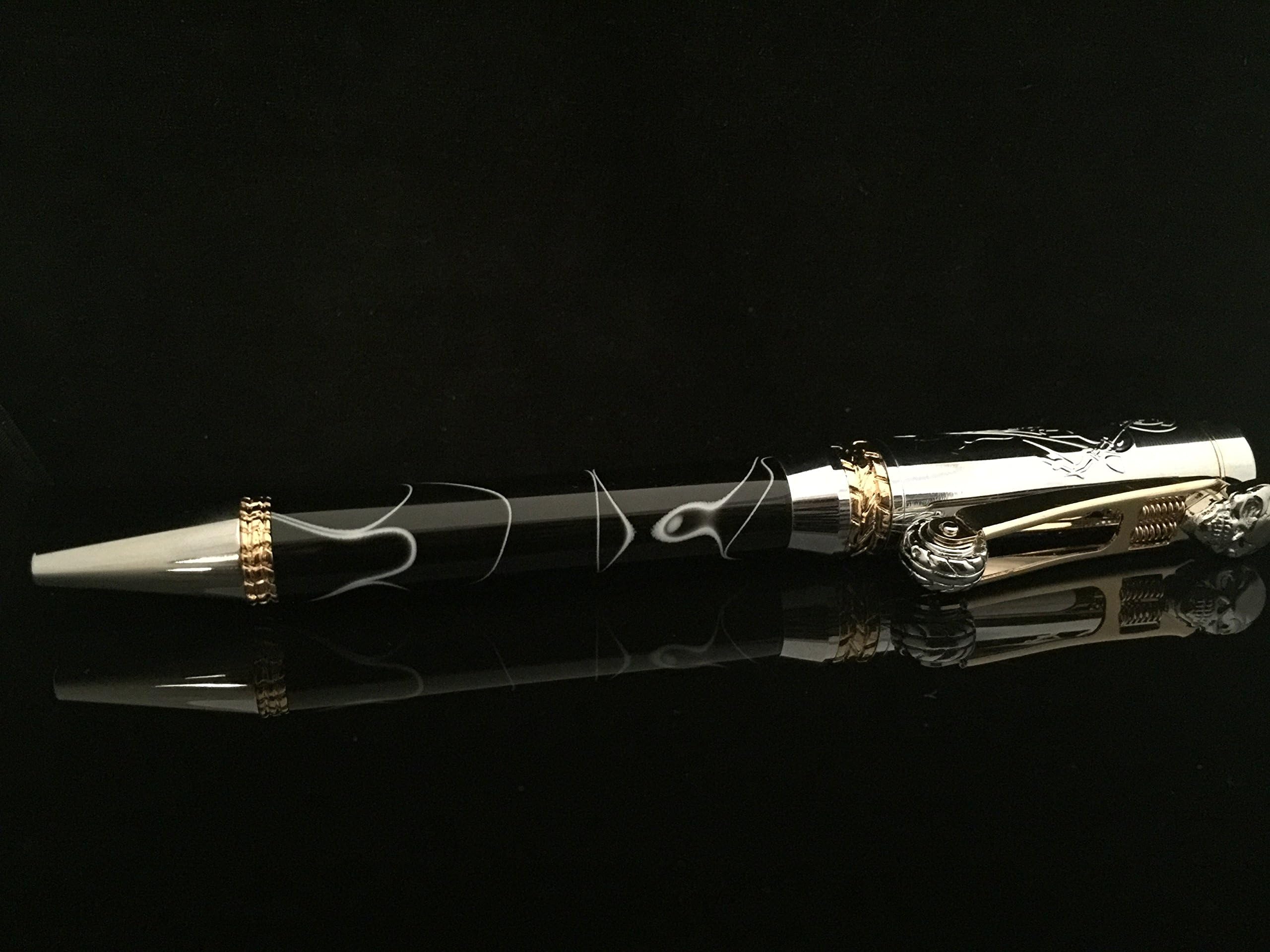 Motorcycle Ballpoint Pen, Chrome With Upgrade Gold Accents, Springer style front end and evil skull headlight, Black acrylic, Handmade, 760