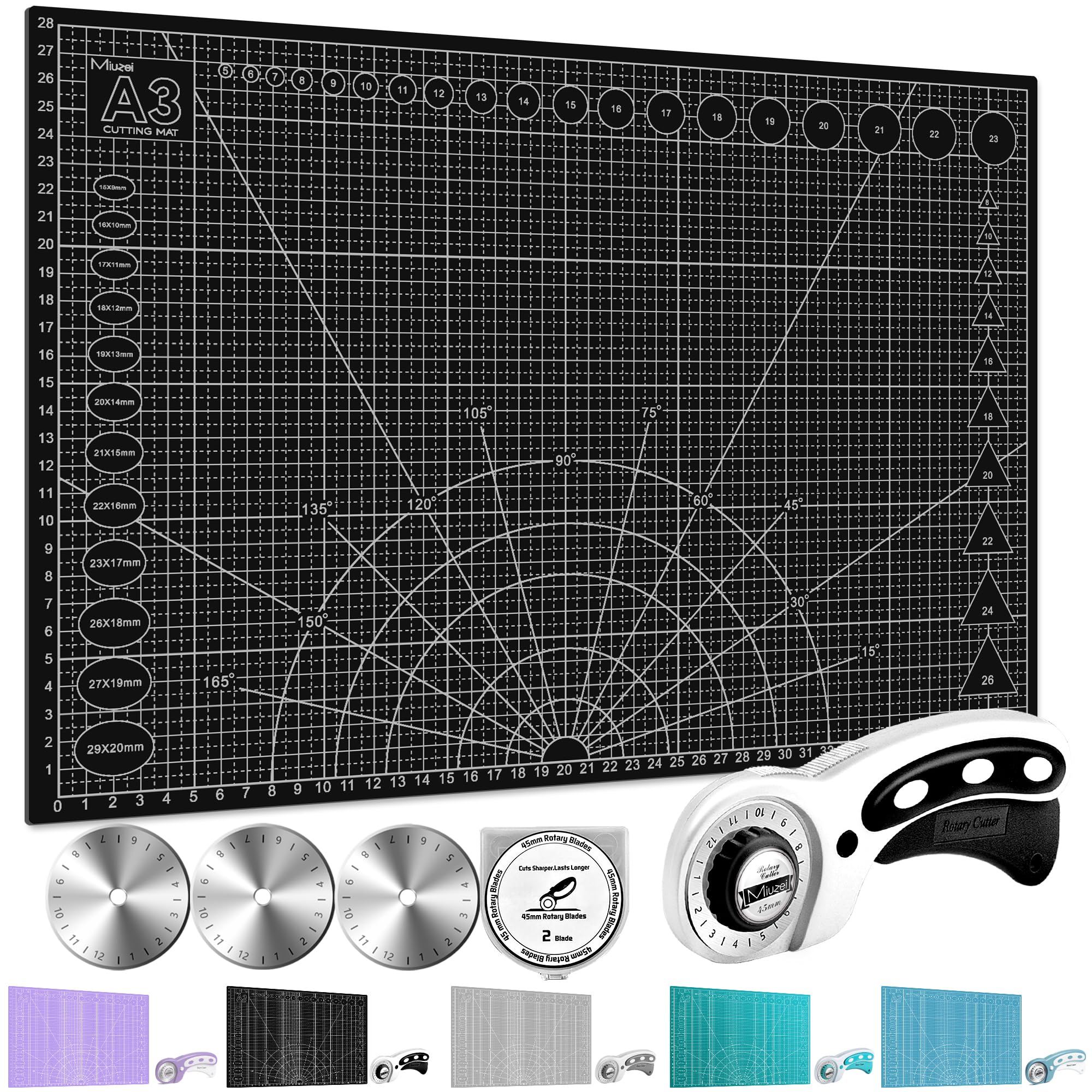 Miuzei Rotary Cutter Set: A3 Cutting Mat, 45mm Fabric Cutter, Self-Healing Craft Mat, Quilting Kit, Suitable for Cutting Fabric, Sewing, Leather and Paper Black