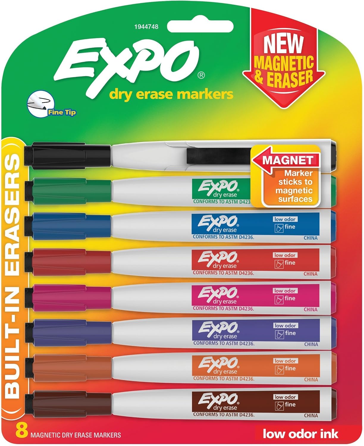 EXPO 1944748 Magnetic Dry Erase Markers with Eraser, Fine Tip, Assorted Colors, 8-Count