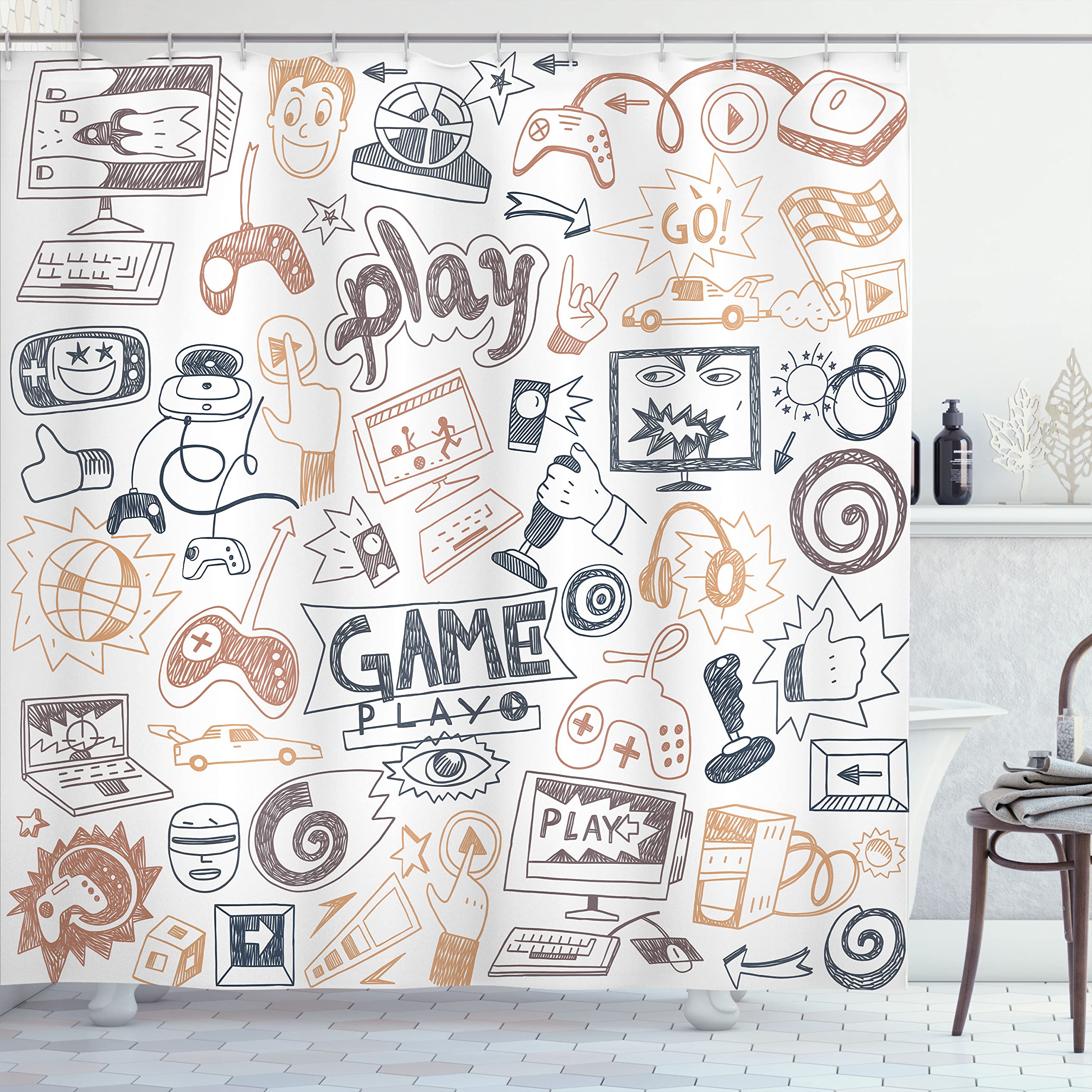 ABAKUHAUS Video Games Shower Curtain, Monochrome Sketch Gaming Design Racing Monitor Device Gadget Teen 90's, Cloth Fabric Bathroom Decor Set with Hooks, 78" Inches, Dark Teal