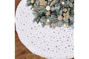 CJWLKJ Christmas Tree Skirt Decorations, 36 inches Large White & Silver Luxury Faux Fur Tree Skirt with Star Super Soft Thick