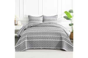 Andency Quilt King Size Set Grey (106x96 Inch), 3 Pieces(1 Striped Boho Printed Quilt and 2 Pillowcases), Bohemian Summer Lightweight Reversible Microfiber Bedspread Coverlet Sets
