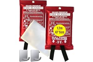 SKAMZ Emergency Fire Blanket for Home and Kitchen - XL Size - 2 Pack 47" x 47" W/Hooks - Welding Fireproof Blanket, Fire Blankets to Smother a Kitchen Fire, Fireplace, Grill, BBQ