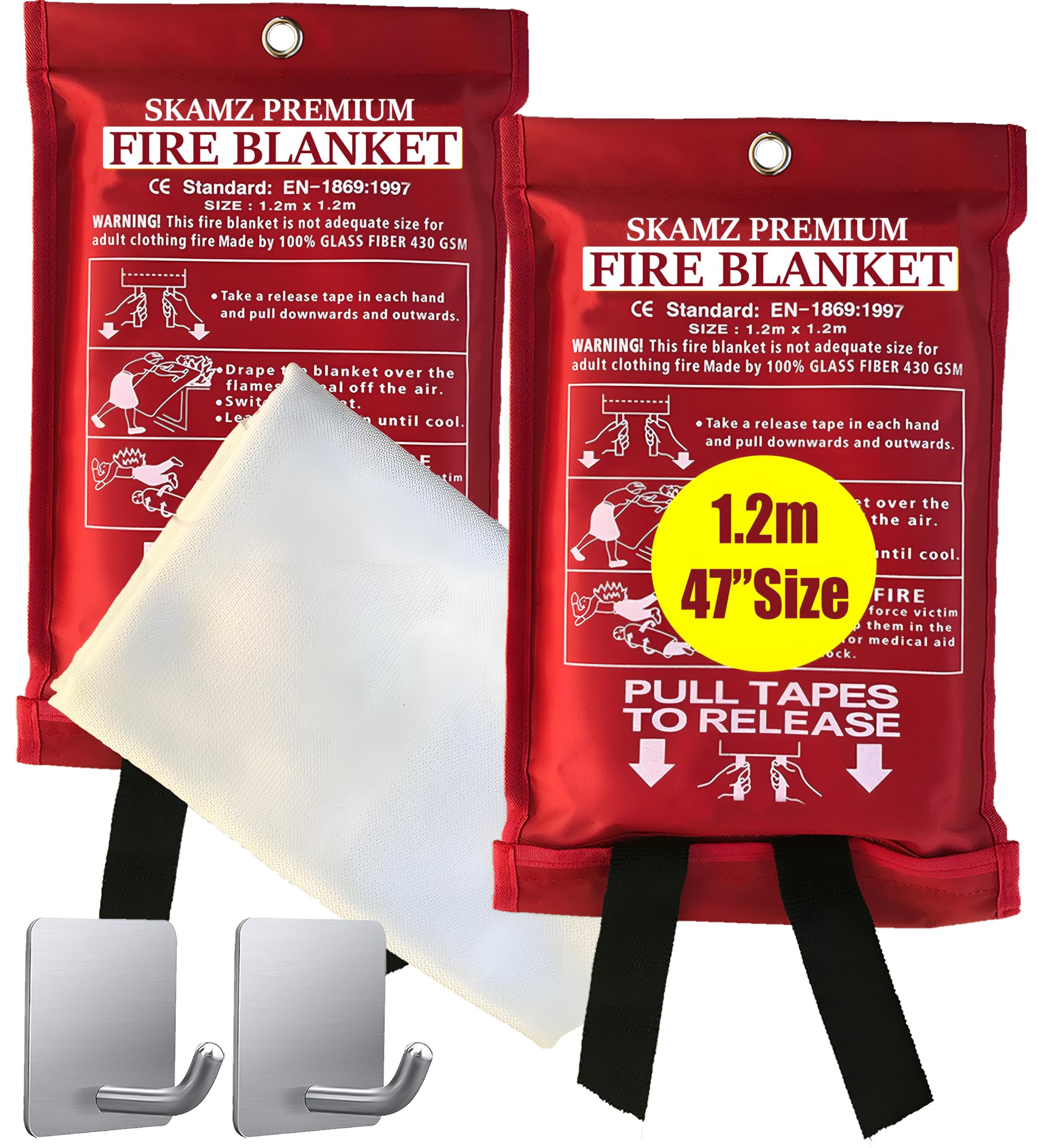 SKAMZ Fire Blanket Emergency [Upgraded Size XL 47”x 47”Pack 2] Premium Fire Blanket |Fire Retardant Blanket |Fiberglass Fire Blankets Emergency for People Design for Kitchen,Fireplaces,Car, Warehouses