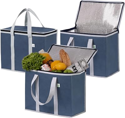 VENO 3 Pack Cooler Bags Insulated Grocery Bags Foldable Upright Dark Blue