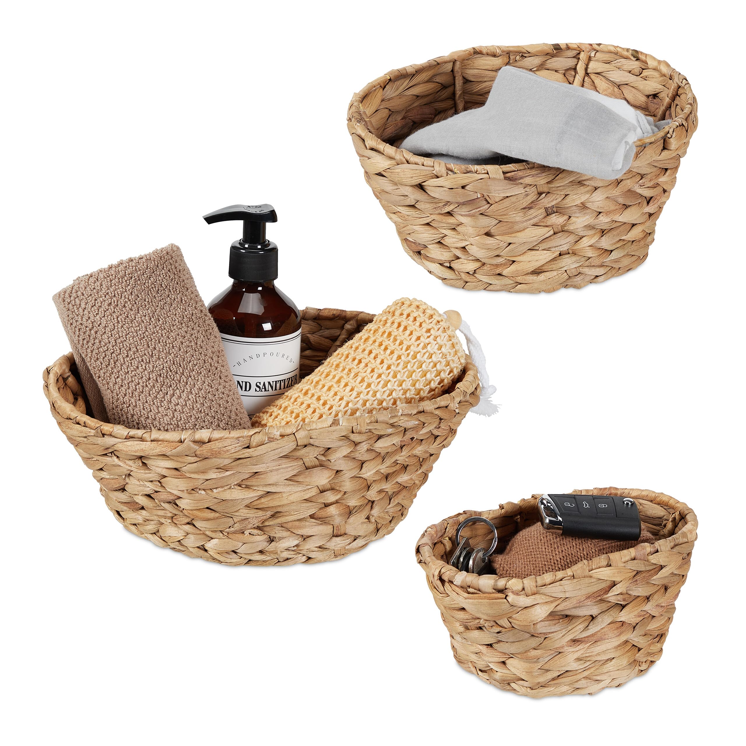 Relaxdays Storage Basket, Set of 3, for Bathroom, Living Room & Bedroom, Organiser, Woven Boxes, Water Hyacinth, Natural, Plant fibre, Various sizes
