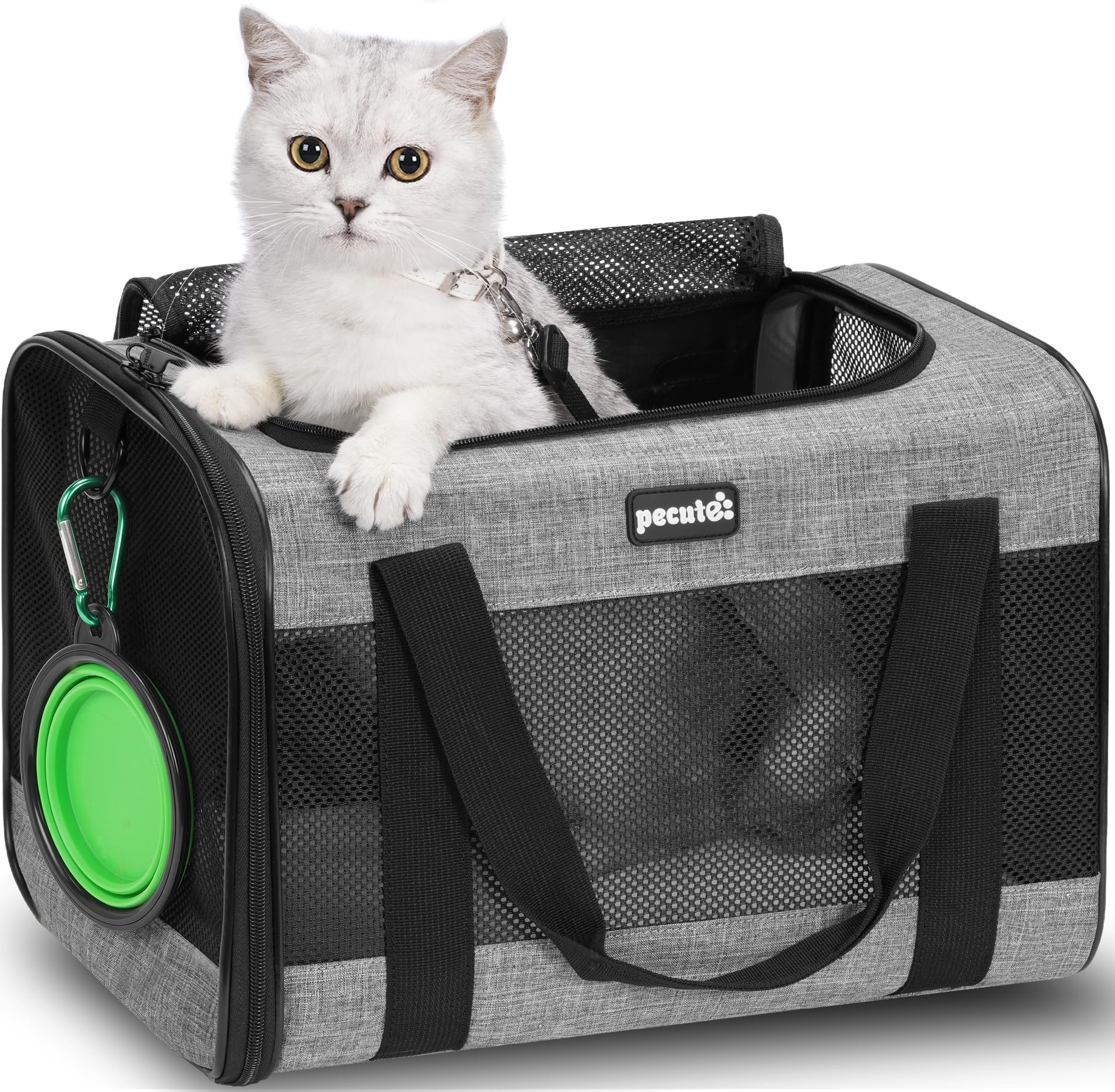pecute® Pet Carrier Bag, Cat Carrier Handbag, Portable Dog Travel Bag with Foldable Bowl, Breathable Mesh Fabric, Suitable for Both Long And Short Trips, Used for Cats and Puppies Under 5KG (M,Grey)