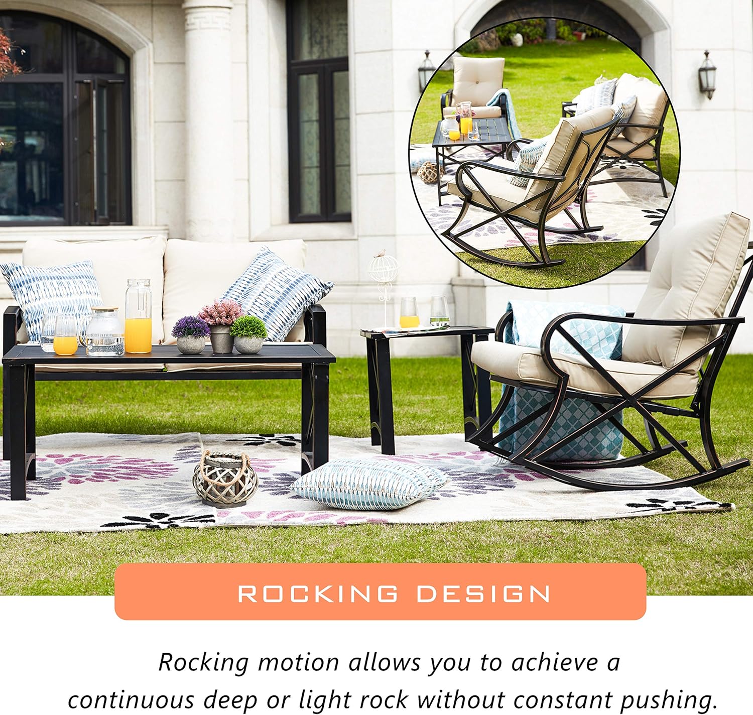 LOKATSE HOME 5 Pieces Patio Conversation Set Outdoor Metal Furniture Padded Deep Seating with Loveseat, 2 Rocking Chairs and 2 Coffee Table, Khaki : Garden & Outdoor
